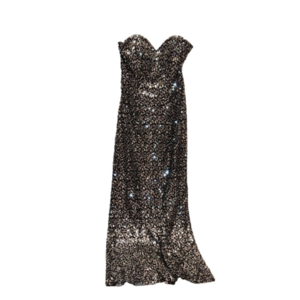 EVA USA silver/black sequin strapless maxi dress with slit and criss-cross back
